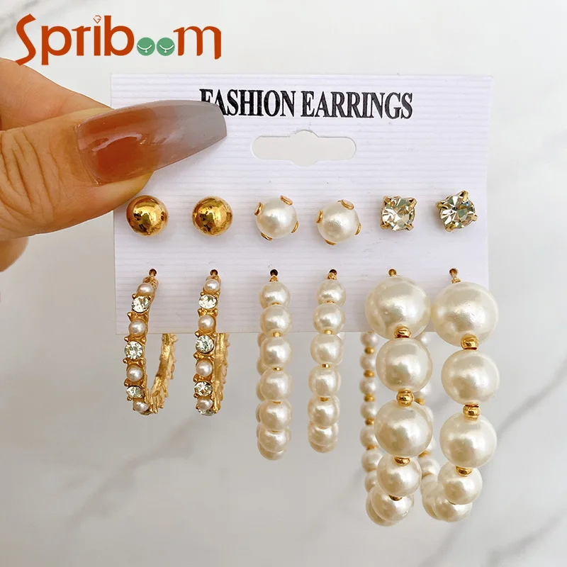 

6 Pairs/lot Pearl Hoop Earrings for Women Big Zircon Round Pearl Earring New Trendy Jewelry Female Party Hyperbole Accessories