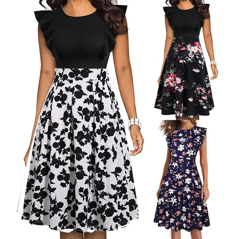 

Flared Sleeve Flared Sleeve O Neck A-Line Midi Dress Slim Dress Breathable Knee-Length A-Line Party Dress for Daily Wear