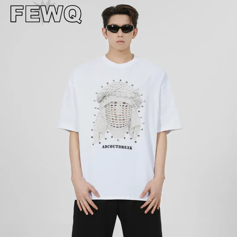 

Мужская футболка с принтом персонажа FEWQ, Лоскутная футболка с металлическим украшением и круглым вырезом в стиле ретро, шикарные топы в стиле High Street 24B3071
