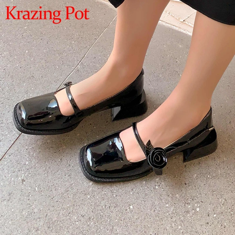 

Krazing Pot Patent Leather Med Heel Mary Janes Square Toe Med Heel Korean Style Beauty Lady Dating Shallow Sweet Women Pumps L12