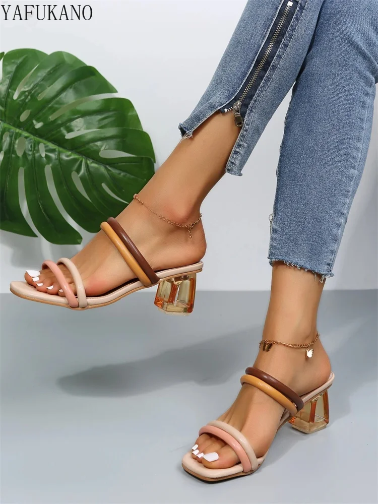 

Color Block Clear Chunky Heeled Mule Sandals Summer New Open-toe Square Toe Two-wear Slippers Fashion High Heels Slides