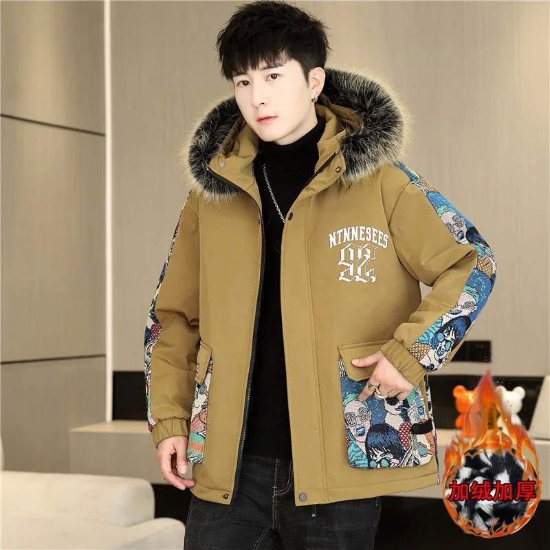 Мужская зимняя флисовая куртка с капюшоном и меховым воротником