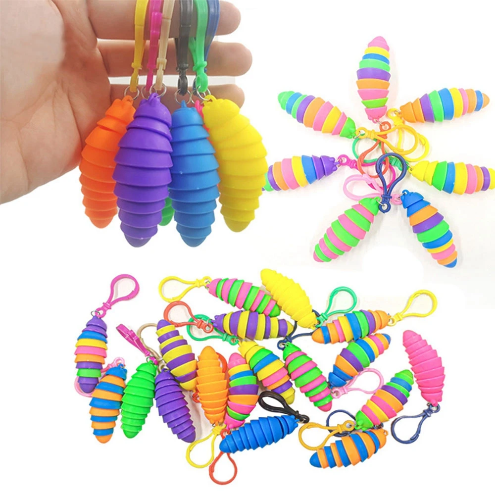25PCS Mini Finger Slug Snail Caterpillar Key Chain Relieve Stress Anti-Anxiety Squeeze Sensory Toys Party Favor Keychain Kids