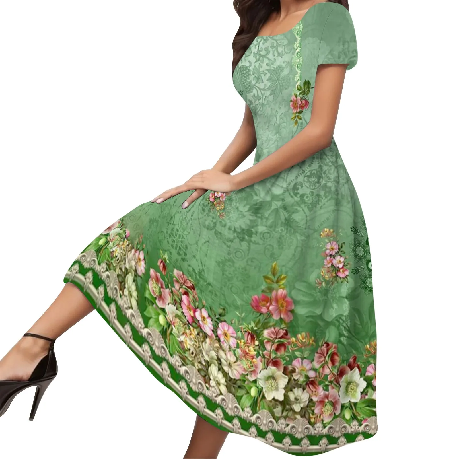 

Women Summer Casual Short Sleeve Floral Printed Crew Neck Boho Beach Long Sundress Dresses Loose Dress with Shorts And Pockets