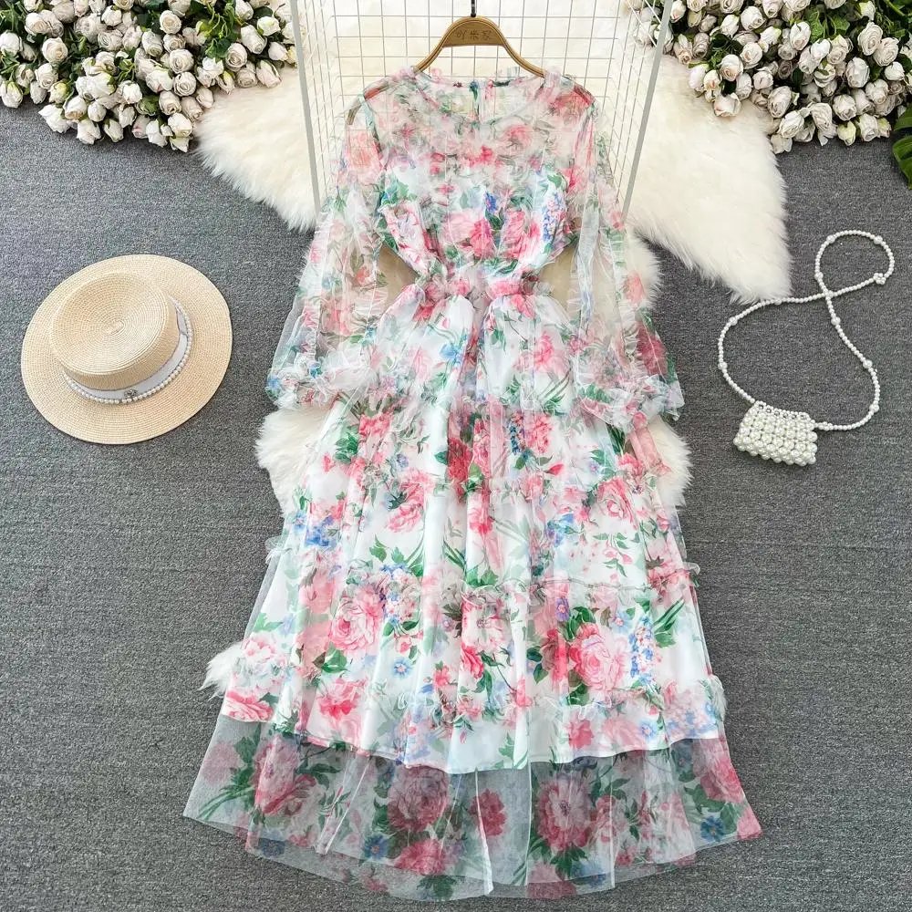 

Женское Сетчатое платье миди с цветочной вышивкой, модельное элегантное платье с оборками, ярко-розовое платье, весна 2023