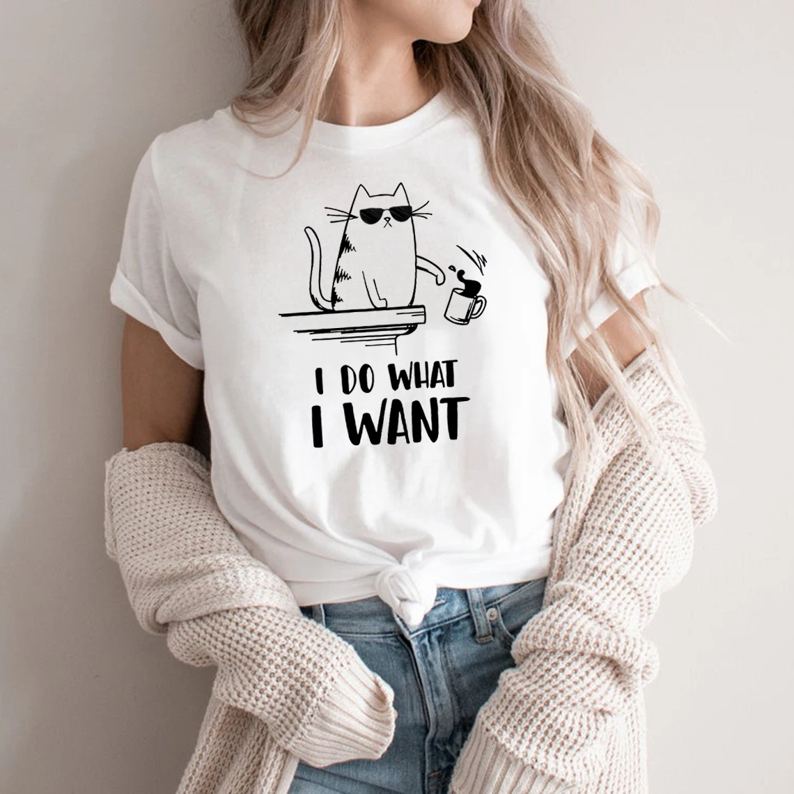 

Рубашки с надписью «I Do What I Want», забавная рубашка с котом, подарок для любителей кошек, милая Повседневная футболка унисекс, женские кавайные...