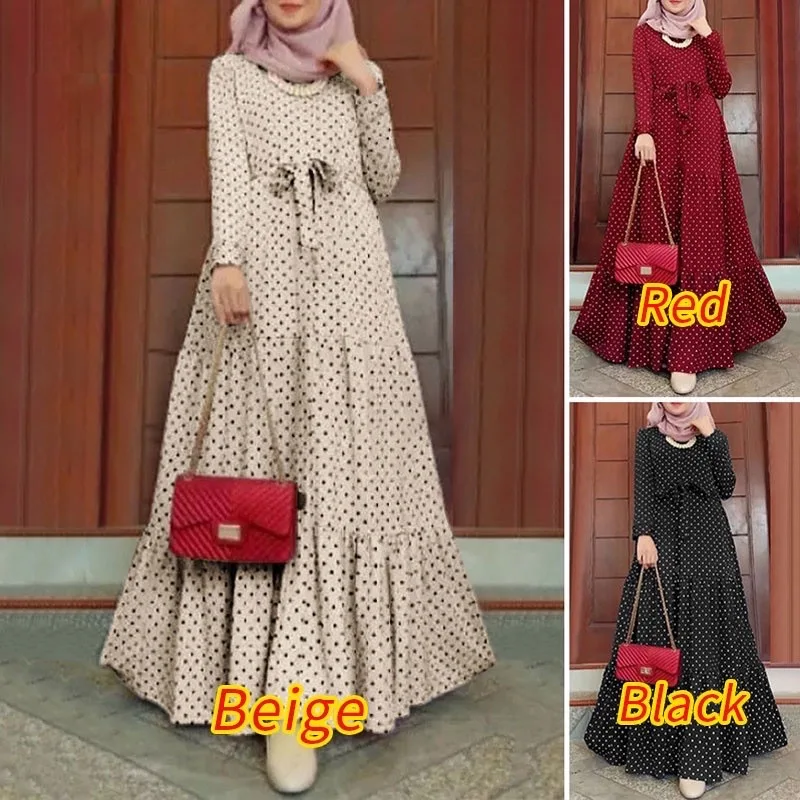 

New Muslim Moroccan Polka Dot Long-sleeved Dress Fashion Belt Sundress Middle Eastern Arabian Robe