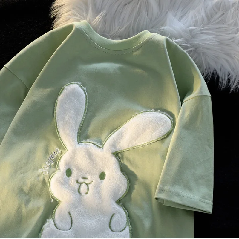 

Cute Bunny Rabbit Plush Embroidery Short Sleeve T Shirt Women 2023 Summer New Versatile College Style Loose Korean Fashion Tees