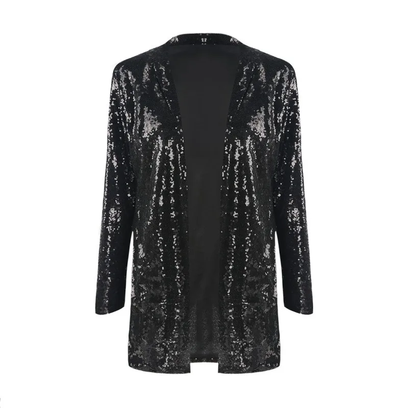 Black Buttonless Sequined Blazers Women Mid Length Solid Colors Suits 2023 Party Blazer Spring Autumn New Large Graduation