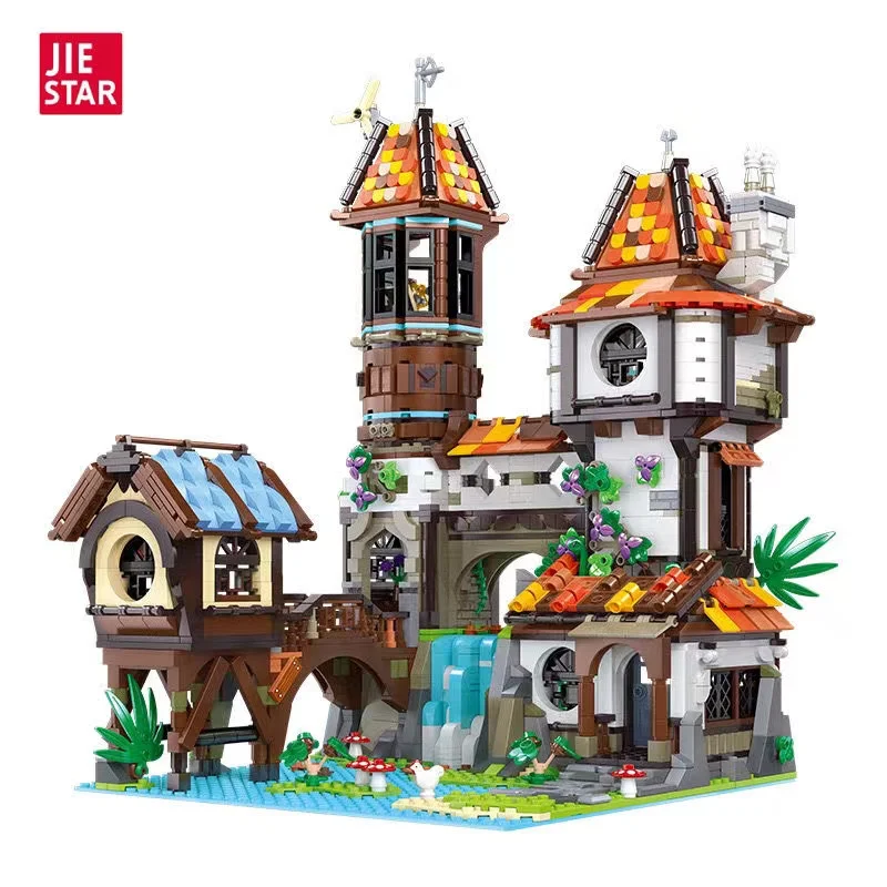 

City Street View Medieval Riverside Scholars Building Blocks Forest Tree House with Lights Bricks Toys for Children Xmas Gifts