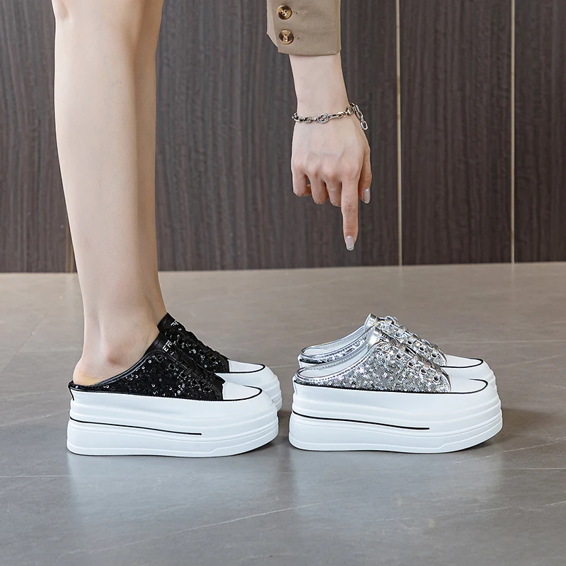 7 5 см 2024 блестящие синтетические слипоны на платформе женские туфли-лодочки в