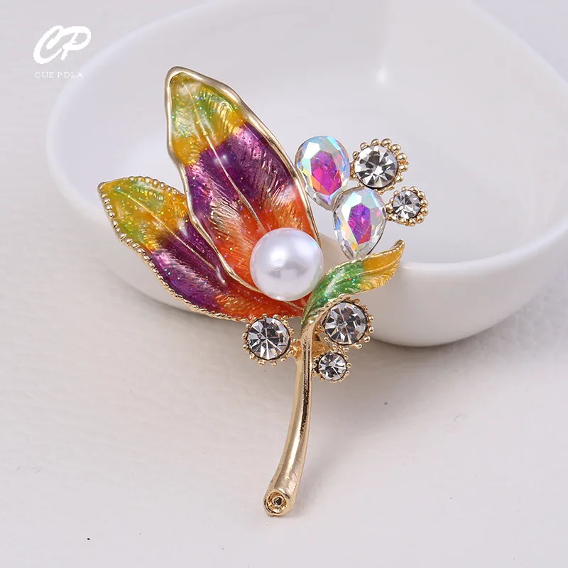 

Oil drop color leaf brooch foreign trade rhinestone zircon brooch cartoon metal pearl brooch pin accessories