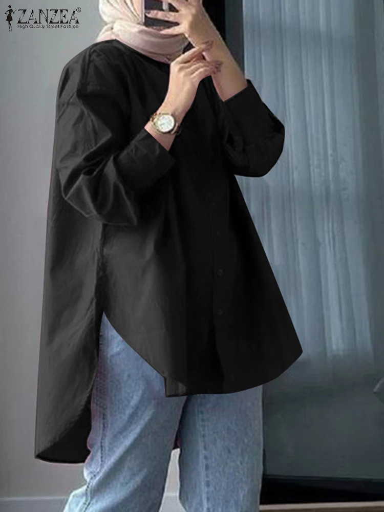

Модная мусульманская блузка ZANZEA с длинным рукавом, женские повседневные топы с асимметричным подолом, женские элегантные однотонные блузы, рубашка с отворотом и воротником, абайя