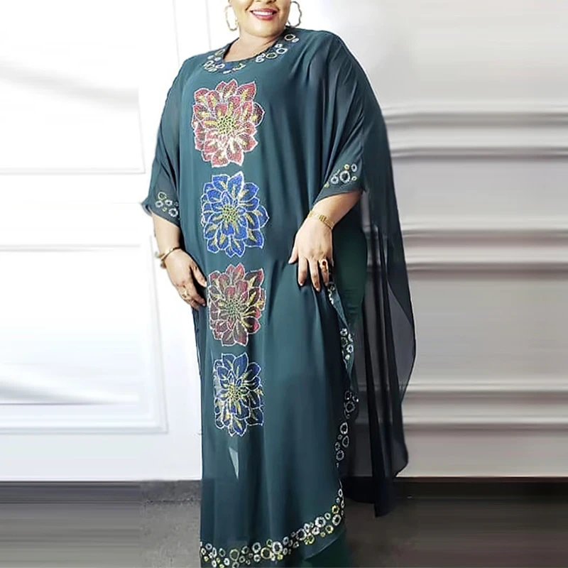 European and American women's Muslim long skirt suit diamond-encrusted chiffon suit two-piece Abaya Islamic holiday suit
