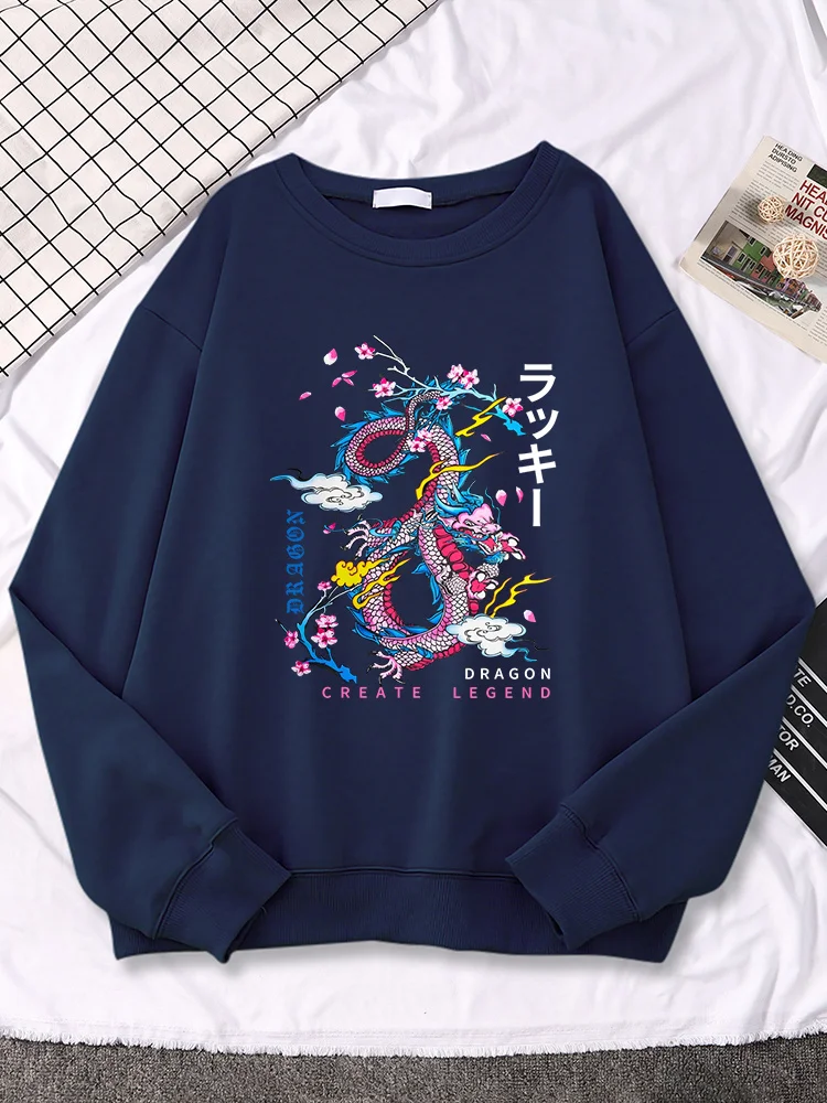 

Korean Female Hoodies Dragon Create Legend Auspicious Clouds Prints Top Strecth Long Sleeve Hoody Breathable Women Streetwear