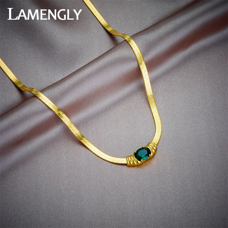 

LAMENGLY 316L Stainless Steel Oval Green White Zircon Necklace For Women Girl Fashion Flat Snake Chain Non-fading Jewelry Gift