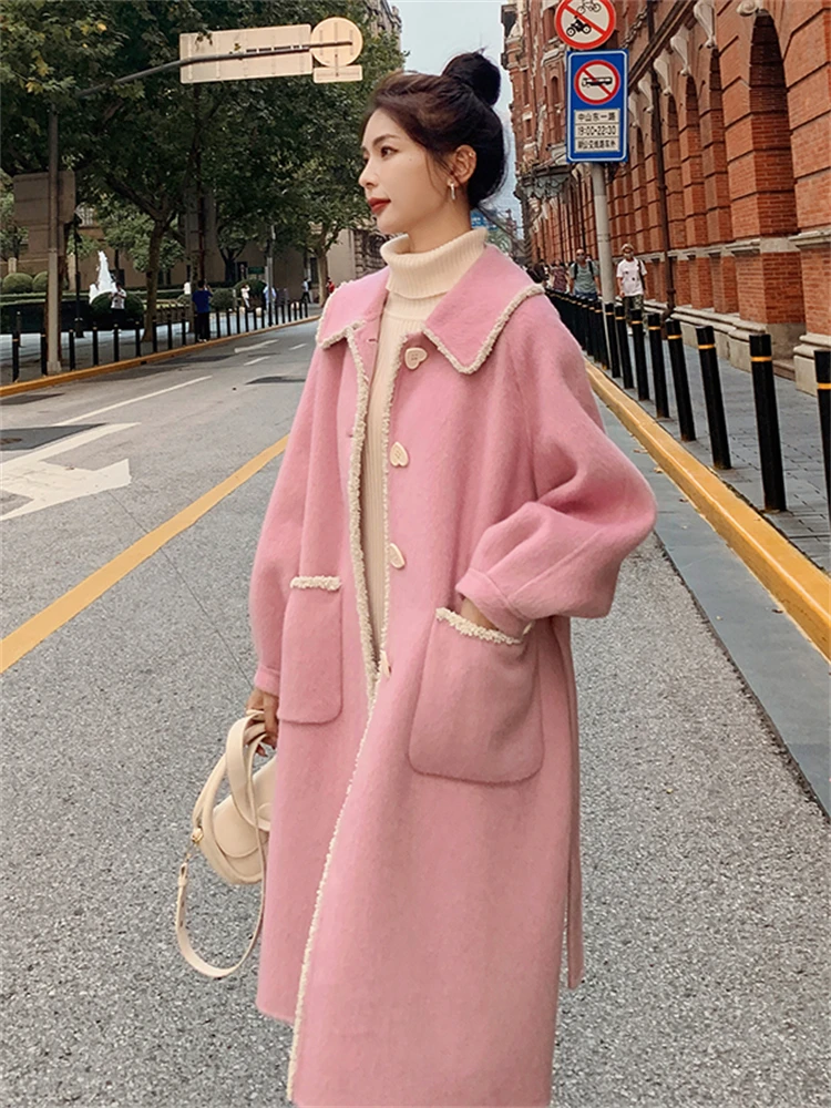 Женское шерстяное пальто элегантное свободное однобортное длинное розового