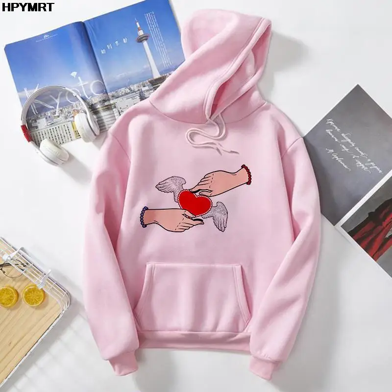 

Autumn and Winter Long Sleeve Hooded Tops 90 Fashion offbeat graphics ladys girl White pink pocket drawstring Casual Sweatshirt