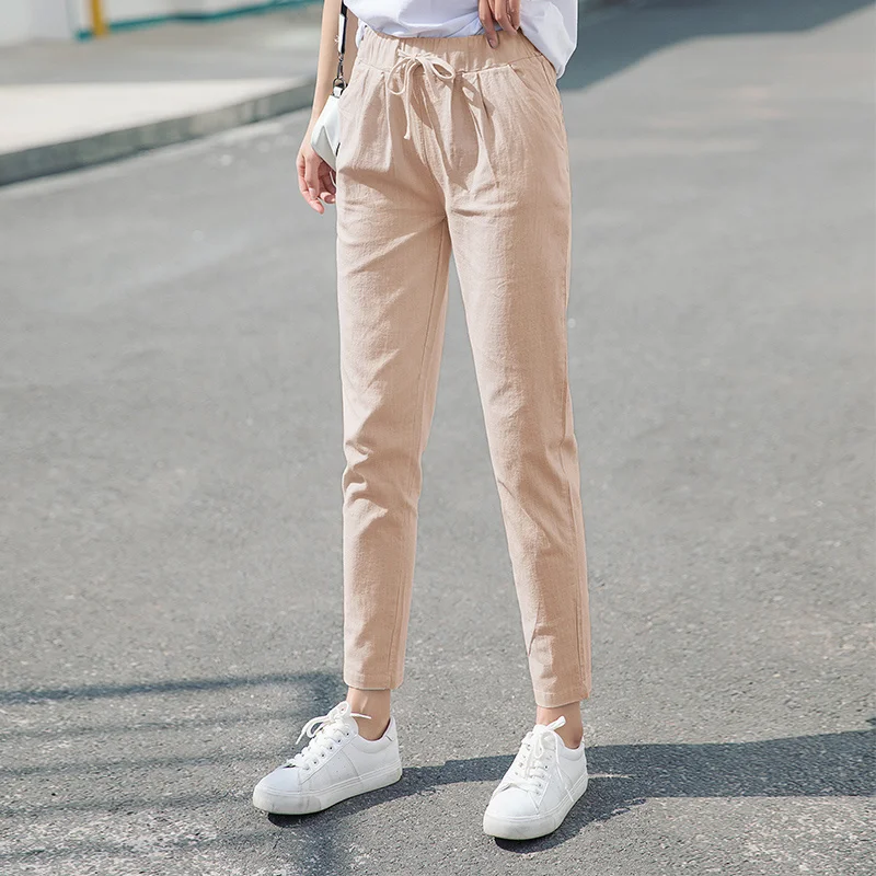 Брюки-султанки женские из хлопка и льна повседневные уличные укороченные штаны с