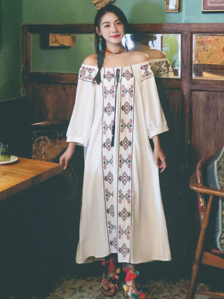 

Женское длинное свободное платье в стиле ретро, летнее платье с вышивкой и кисточками, на шнуровке, с открытым плечом, в этническом стиле