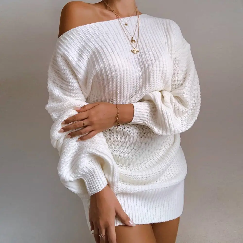 

Fall Winter Sexy Off-Shoulder Lantern Sleeve Knitted Sweater Dress Women Casual Loose Solid Color Nightclub Short Knitting Dress