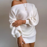 fall winter sexy off shoulder lantern sleeve knitted sweater dress women casual loose solid color nightclub short knitting dress