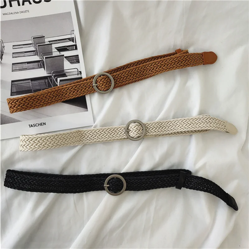 

Wax Rope Braiding Women Belt Round Square Buckle Skirt Belt Vintage Knitted Waist Belt Hand-Woven Elastic Belt for Women 2021
