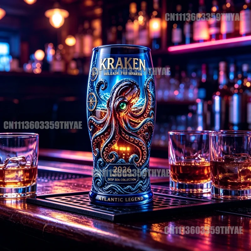 Фото Стеклянный стакан Kraken Atlantic Legend 2026 Limited Edition, синий, с принтом глубоководного осьминога, для коллекционеров и любителей бара №2
