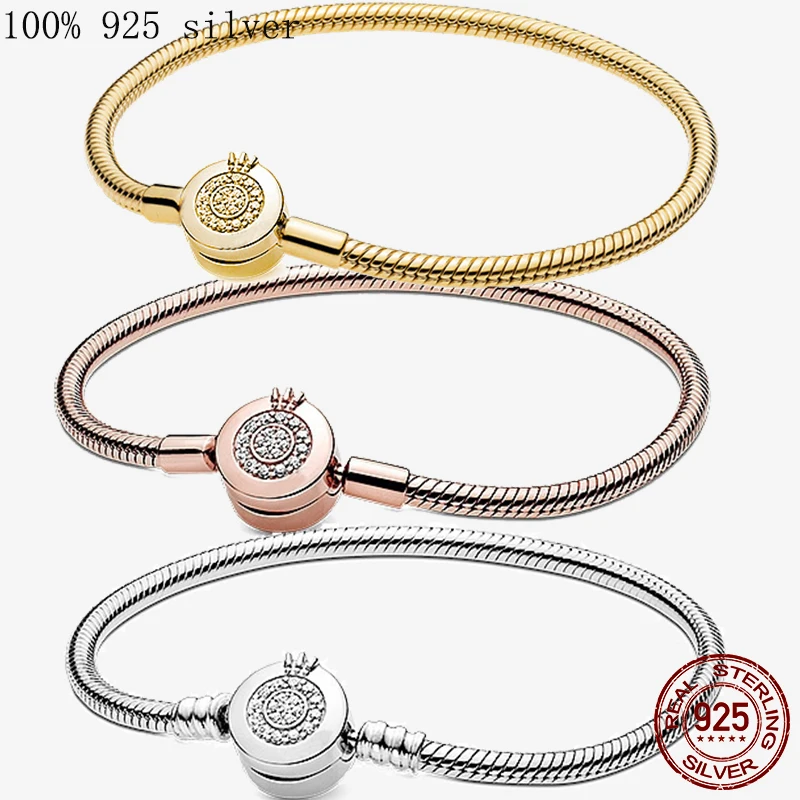 

Rose Gold Silver Moments Sparkling Crown O Snake Chain 925 Sterling Silver Bracelet Fit Original Bangle Bead Charm Diy Jewelry
