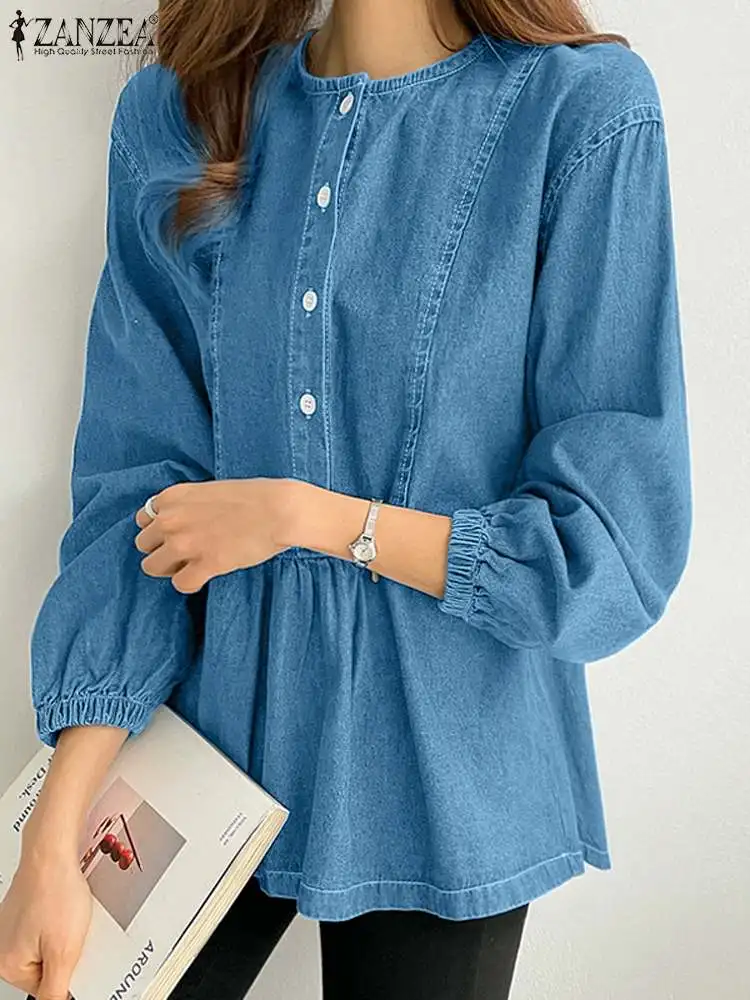 

ZANZEA 2023 Autumn Fashion Long Sleeve Blouse Vintage Women Denim Tops O-neck Buttons Tunics Casual Stitching Pleating Blusas