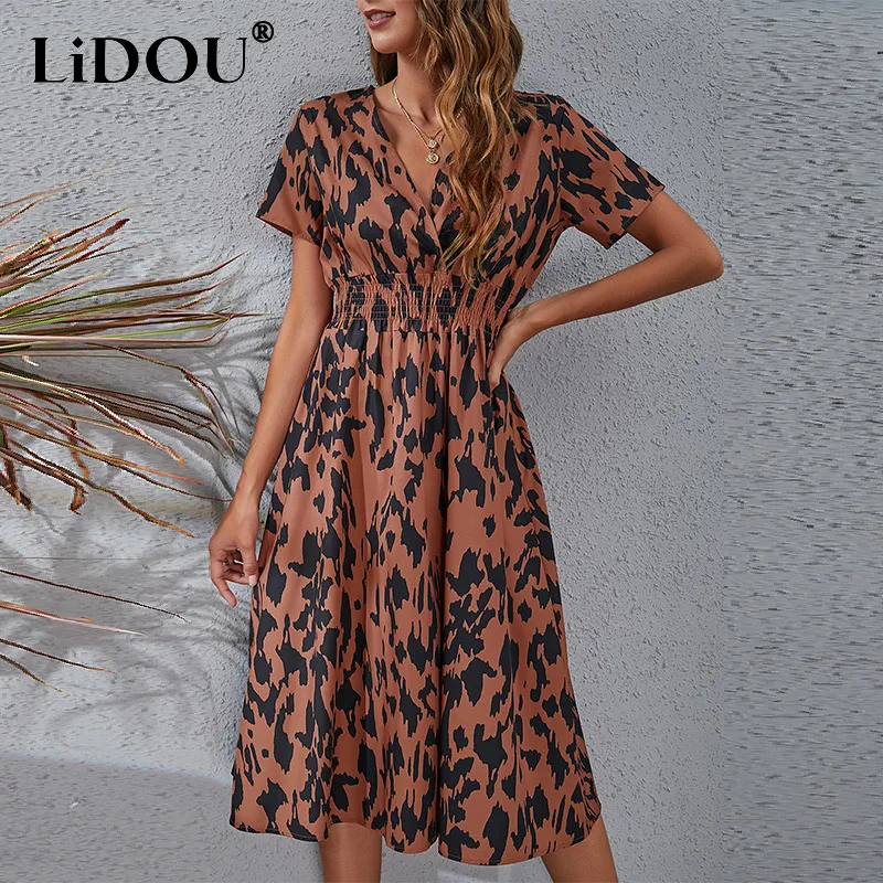 

2023 Summer New Casual Fashion Floral Printed Short Sleeve Dress Female Waist Midi Robe Ladies Vintage Vestidos Women's Clothing