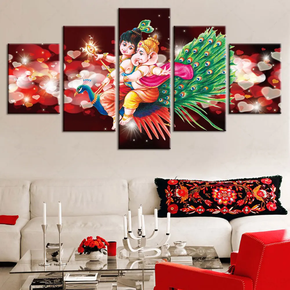 

Artsailing Modern High Quality Hinduism Religious Ganesha Shiva and Peacock Canvas Painting 5 Pieces Room Decoration Aesthetic