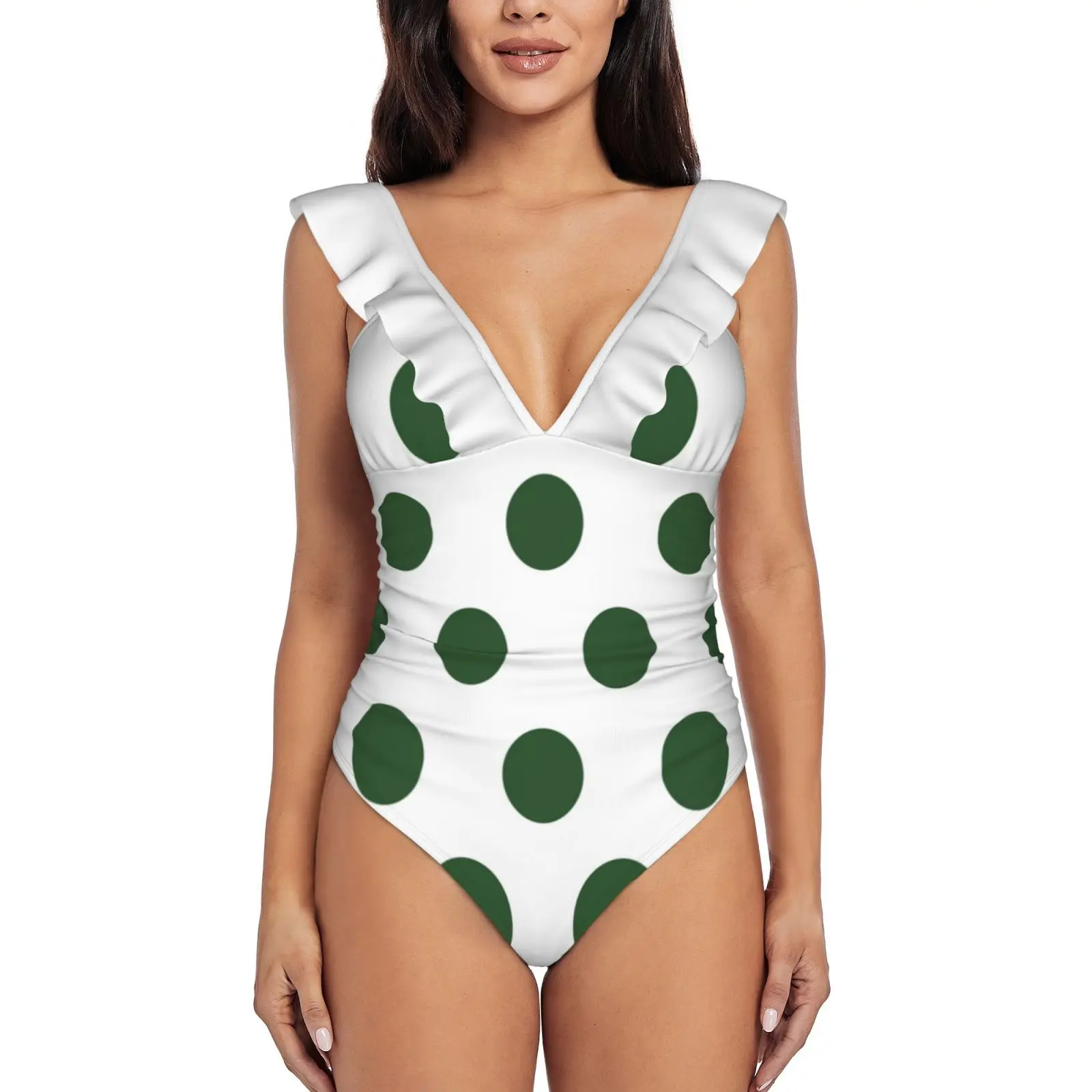 

Купальник женский сплошной в горошек, пикантный бикини с оборками, большой пикантный пляжный монокини с принтом, зеленый и белый цвета