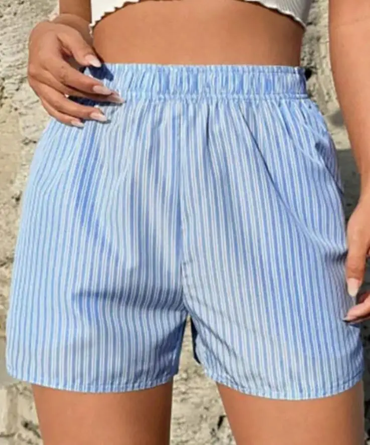 

Women's Short Safety Pants Slightly Elastic Collage Splicing Summer Fashion Casual Loose Pocket Striped Shorts for Women