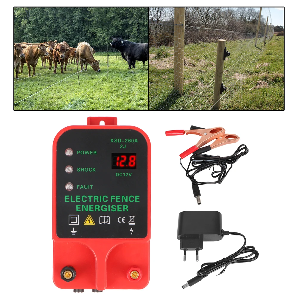 

10KM Waterproof Electric Fence Energizer Livestock High Voltage Pulse Controller High-decibel Alarm LCD Voltage Display