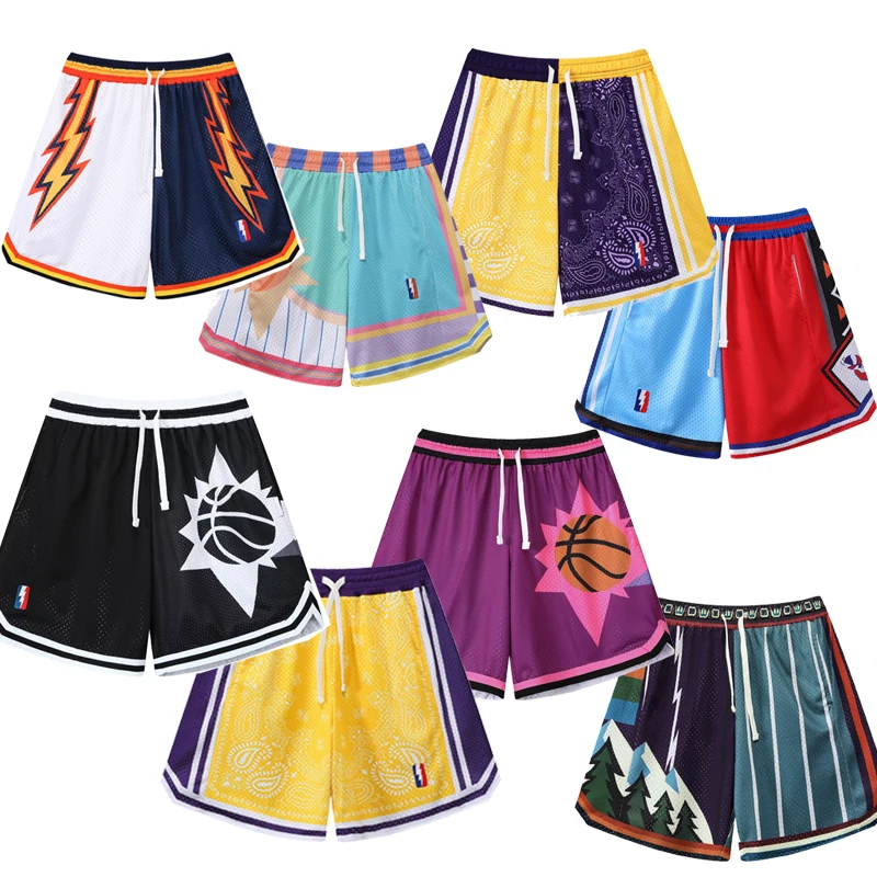 2023 New Basketball Shorts Outdoor Sports Fitness Beach Pants Spliced Printed Elastic Drawstring Waistband Training Ventilation