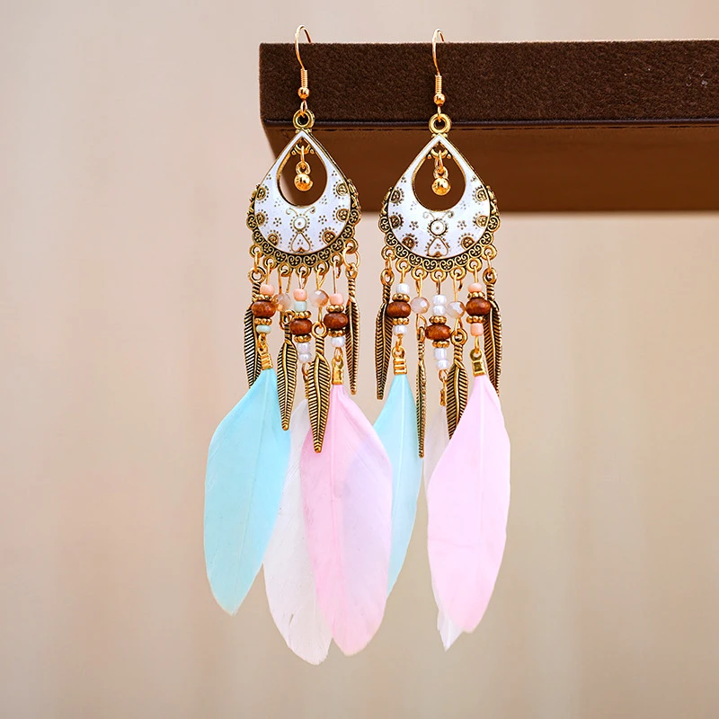 

Bohemian Ethnic Drop Glaze Water Drop Feather Earrings for Women Retro Long Metal Leaf Tassel Earring Vacation Casual Jewelry