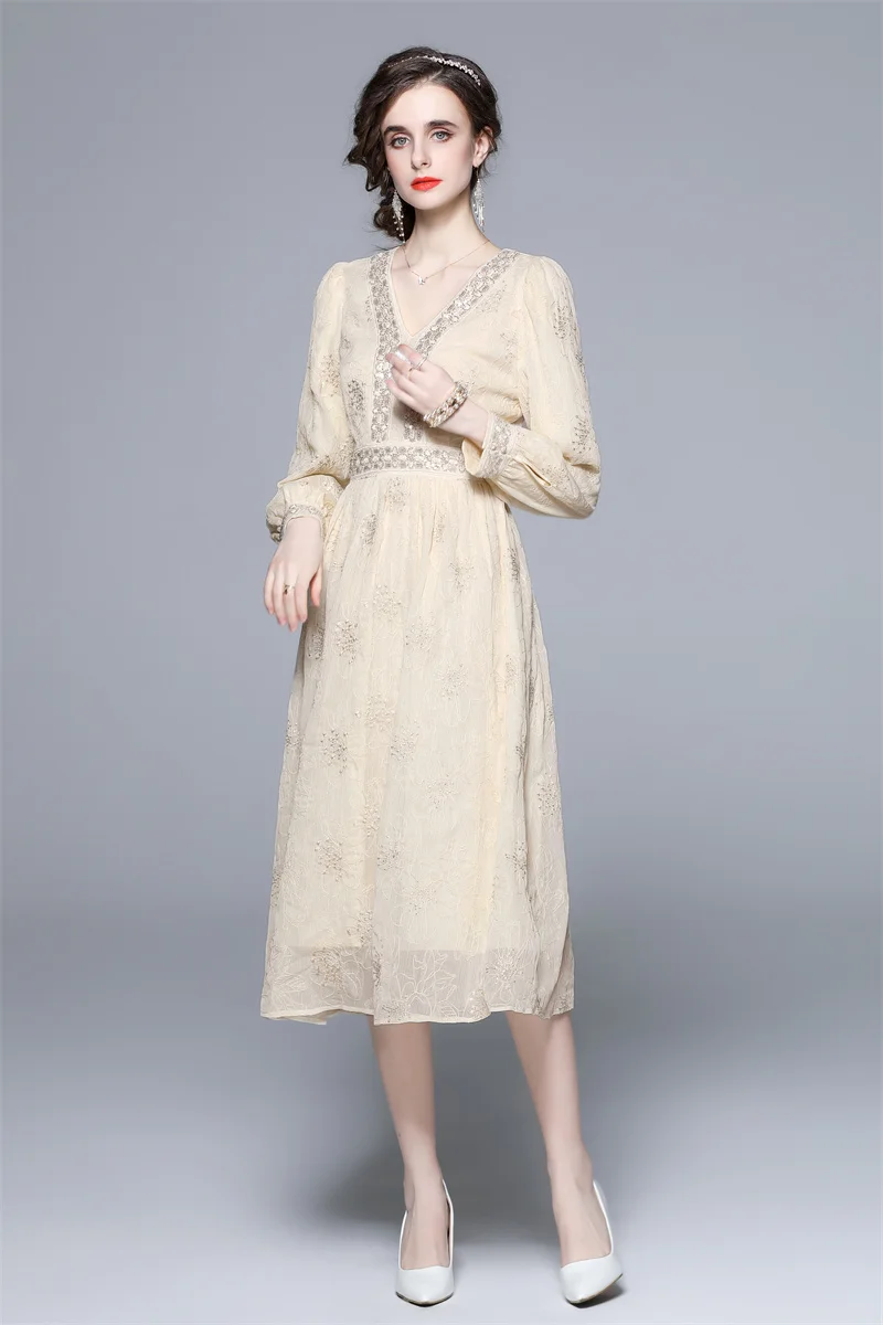 

Women Luxury Beading Embroidery Floral Dress Lady Elegant V-Neck Weddding Cocktail Party Robe Female Vintage Dresses Vestidos