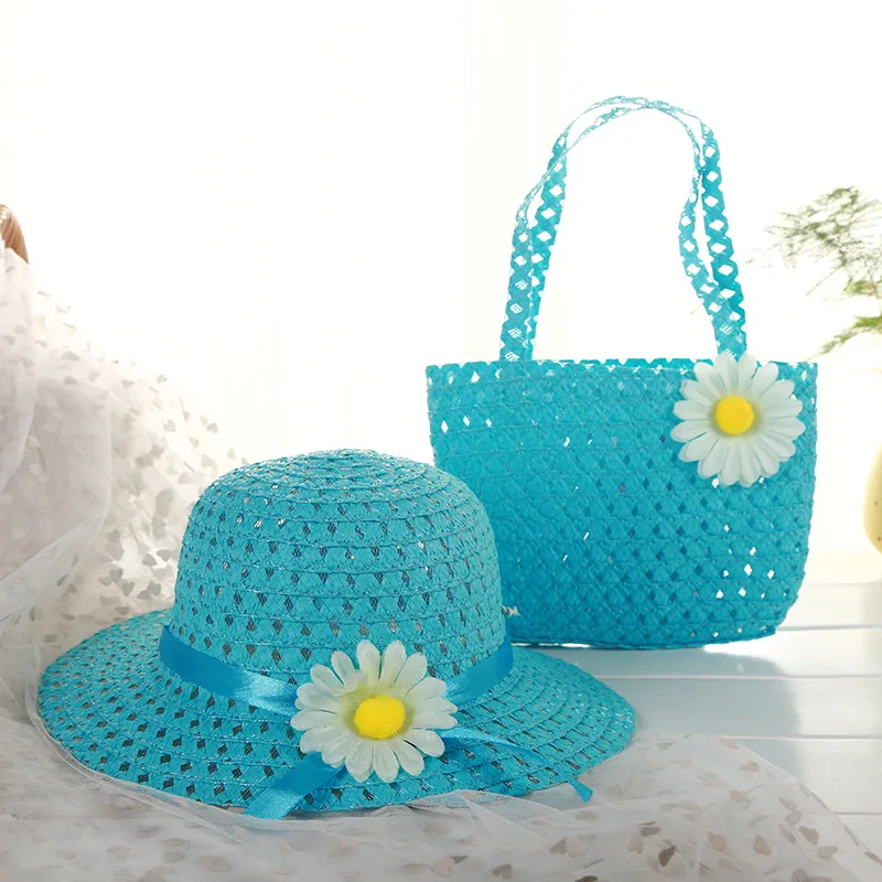 

2022 Elementary School Student Children Beach Hats Wide Brim Straw Wide Hat Children's Holiday Travel Bags Sets Summer Gorras