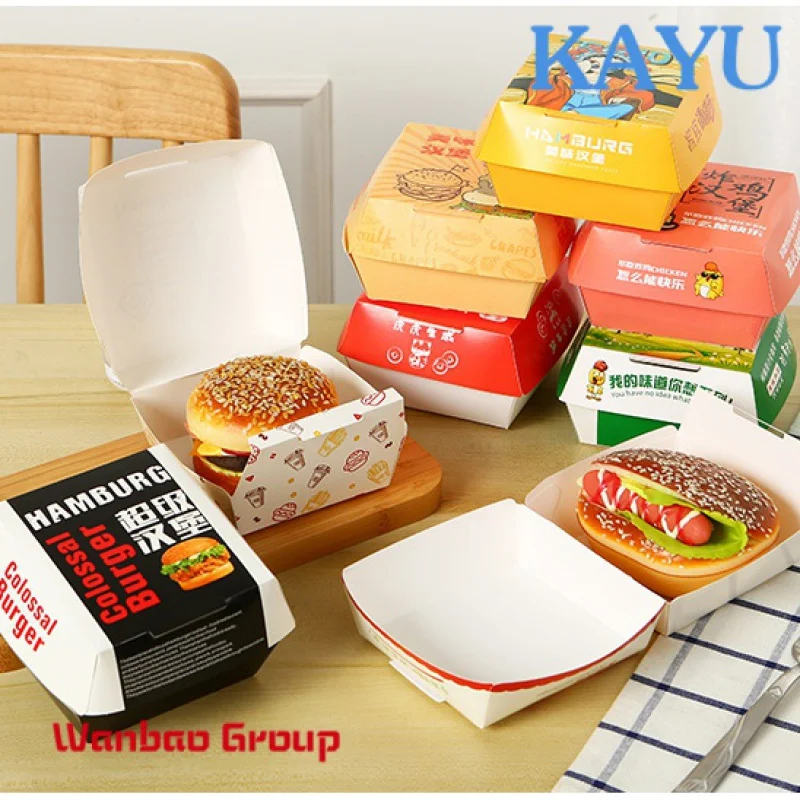 Custom Printed Logo Disposable Food Grade Recycled Take Away French Fries Paper Boxes Fast Food Burger Hamburger Packaging Box