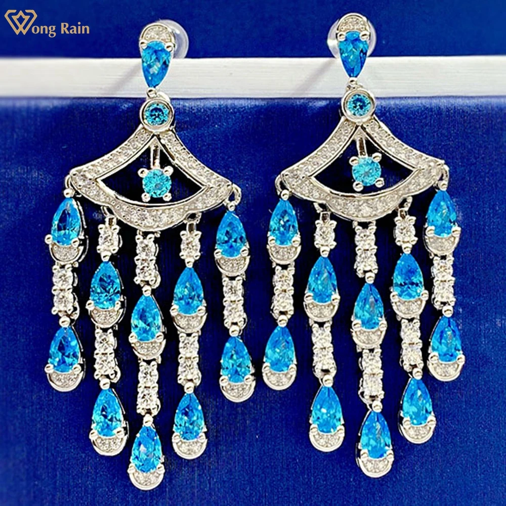 

Wong Rain Bohemia 925 Sterling Silver Pear Created Moissanite Aquamarine Gemstone Luxury Dangle Earrings Studs Fine Jewelry Gift