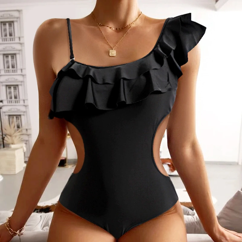 

2022 New Flounced Women Swimwear Bathing Suit One Piece Swimsuit Ruffle Monokini One Shoulder Bodysuit Swim Beachwear Trikini