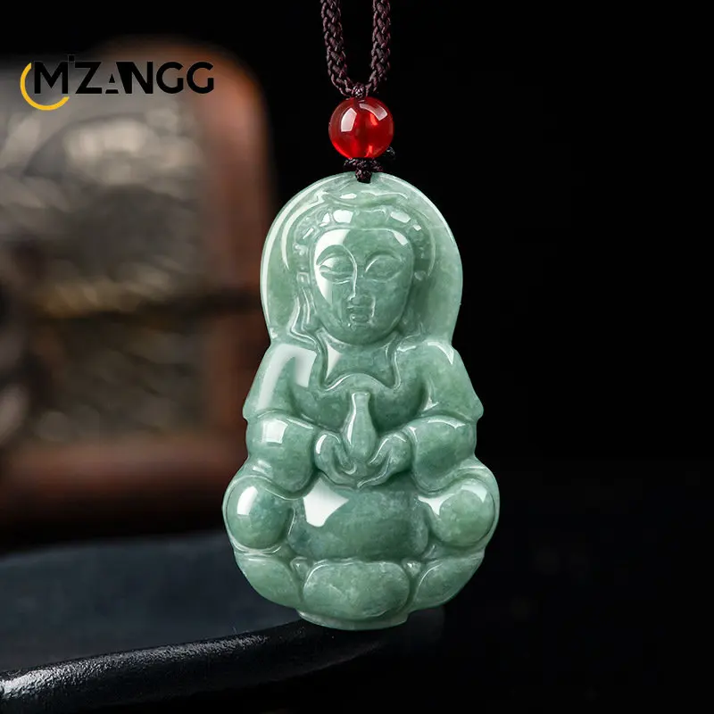 

Natural A Goods Jadeite Bean Green Avalokitesvara Buddha Pendant Ice Kind Jade Men's and Women's Necklaces Fashion Jewelry Gift