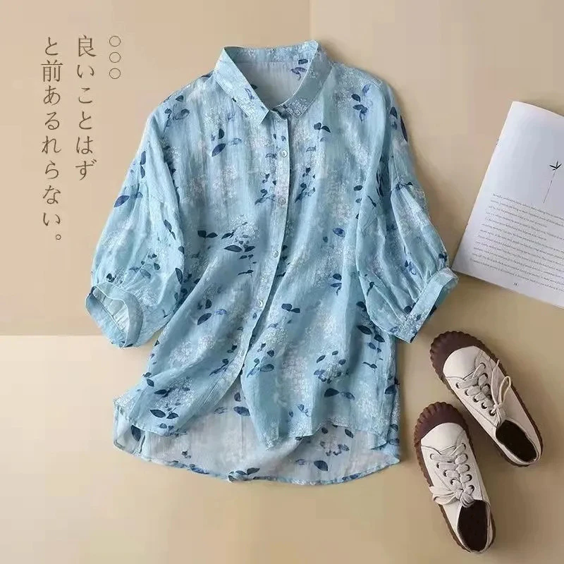 

Floral Blouse for Women 2022 Printed Casual Loose Summer Tops Turn Down Collar Half Sleeve Female Cotton Shirts