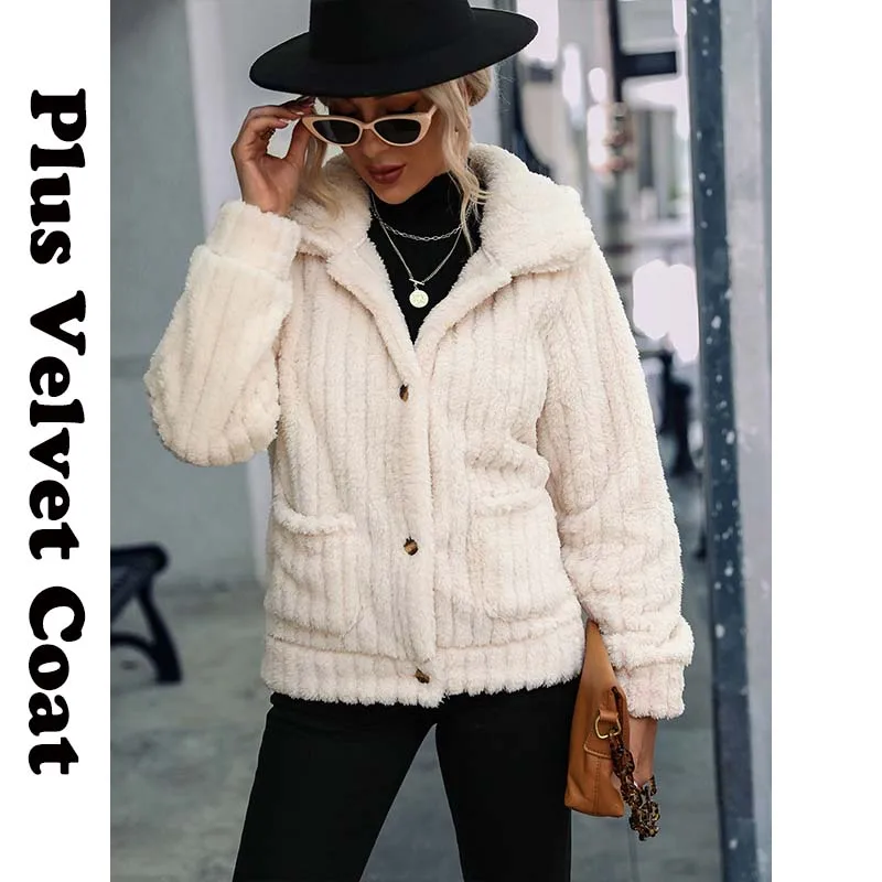 Plus Velvet Thicken Coat For Women winter jacket Reversible Fleece Single Breasted Lapel Long Sleeve Stripe Regular Plush Jacket