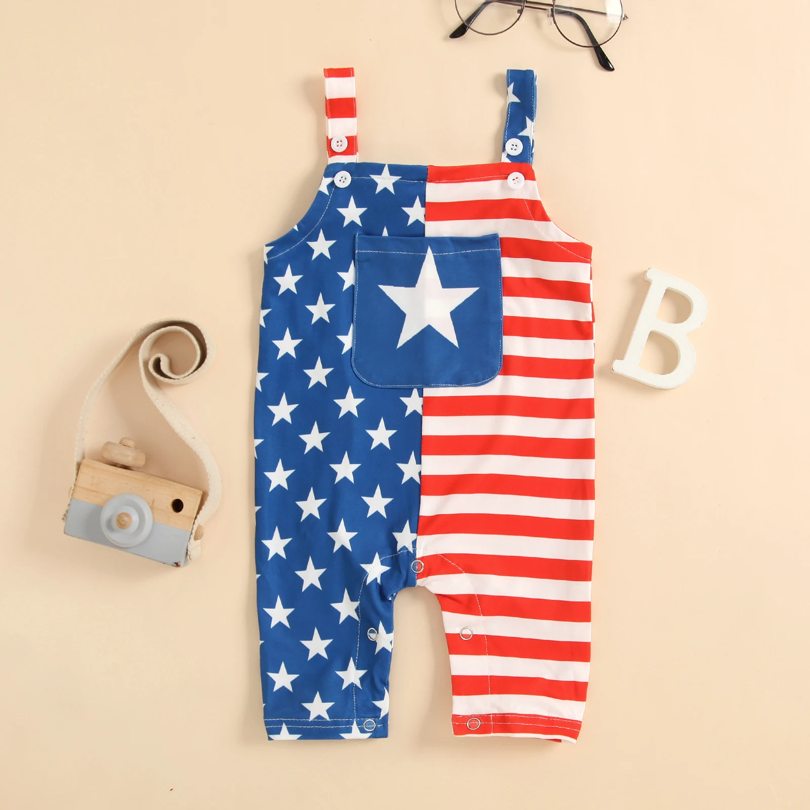 

Baby 4th of July Suspenders Jumpsuit, Patchwork Print Sleeveless Rompers with Crotch Snaps for Toddlers 0-24 Months