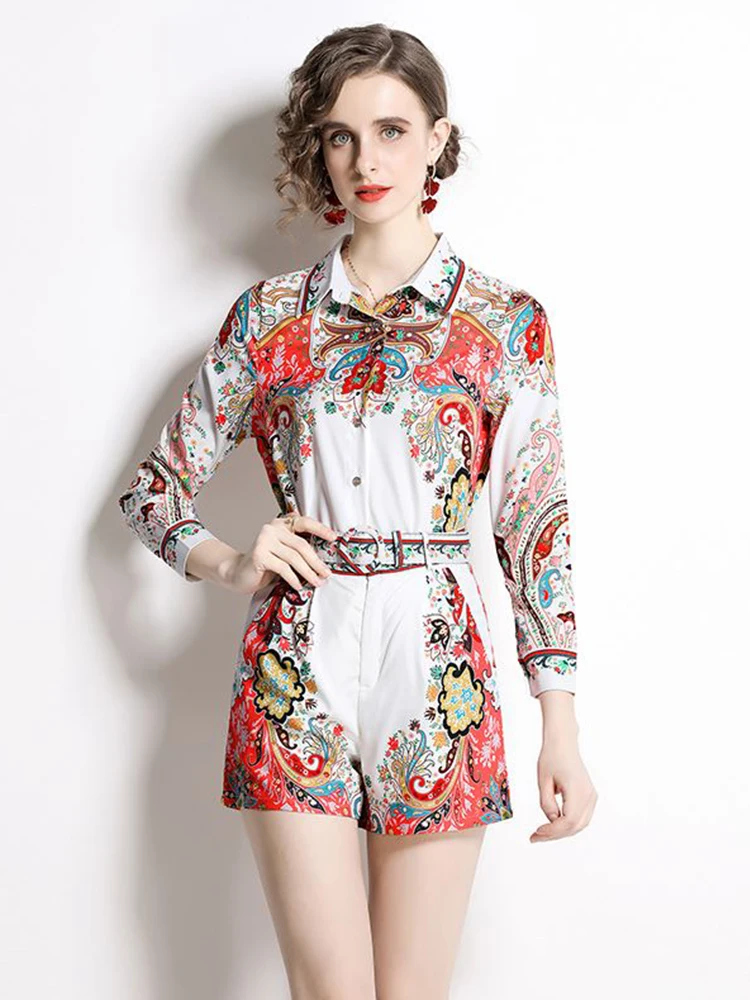 

Summer Designer Runway 2 Piece Set For Women's Turn Down Neck Print Blouse Shirt And Belt Shorts Suit Office Lady Outfits