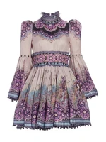 preorder 2022 autunmn top quality baroque purple court printing gradient stand collar puff sleeves high waist mini dresses women