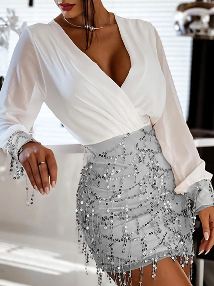 

Весеннее модное популярное вечернее платье с блестками, женское элегантное сексуальное мини-платье с V-образным вырезом, офисное женское од...