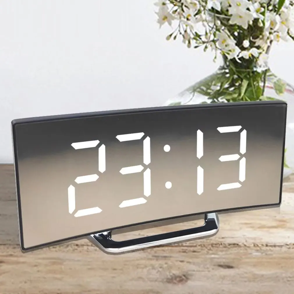 Hot Digital Alarm Clock LED Curved Surface Mirror Electronic Table Clock Large Screen Snooze Desktop Clock For Home Decoration